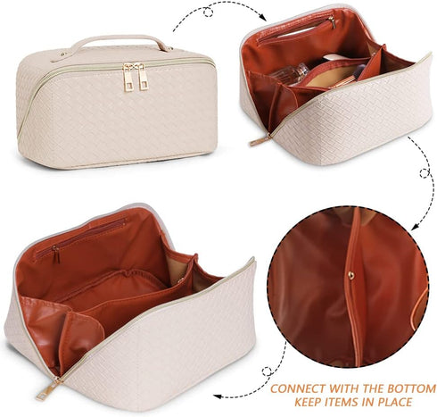 Cessfle Large Capacity Travel Cosmetic Bag, Boho White Makeup Bag Waterproof Leather Travel Toiletry Bag Woven Open Flat Makeup Organizer Bag Quil...