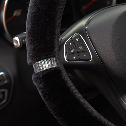 Velvet Fluffy Steering Wheel Cover, Diamond Bling Bling Crystal Rhinestones, Stretch Elastic Universal 15 in, Fit Vehicles, Sedans, SUVs, Vans, Tr...