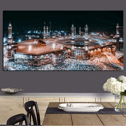 HD Print Mecca Islamic Last Day of Hajj Round Ornament Landscape Muslim Mosque Painting on Wall Canvas Art Poster and Pictures for Living Room (40...