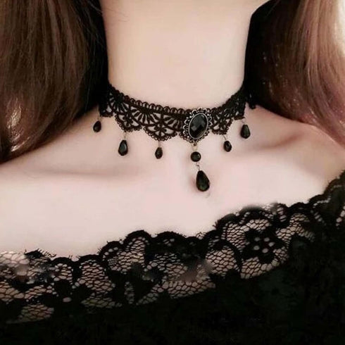 Boho Crystal Lace Choker Necklace Black Teardrop Necklace Choker Gothic Droplet Crystal Collar Necklace Retro Vintage 90s Necklace Chain Jewelry f...