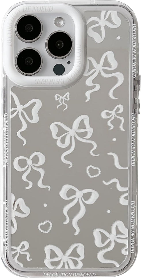 Love Heart Bow Plating Mirror Soft Phone Case Compatible with iPhone Case (Silver,iPhone 13 Pro)...