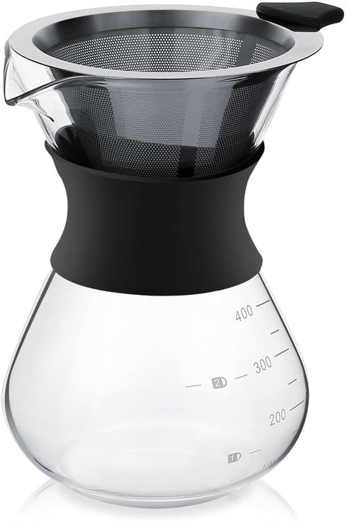 Zopsc 400ml Manual Hand Drip Glass Coffee Maker Pot with Stainless Steel Filter, Tick Marks, Fine Mesh, Suitable for Kitchen, Dining Table, Easy t...