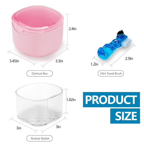 Partial Denture Case Leak Proof with Strainer Basket and Brush, Waterproof Denture Cup Retainer Cleaning Bath Case Travel for Dentures, Braces, Ni...
