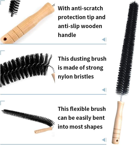 2Pcs Radiator Brush, Dryer Lint Brush Vent Cleaner, 16 inch Long Flexible Refrigerator Coil Soft Bristile Brush with Wooden Handle, Laundry Room a...