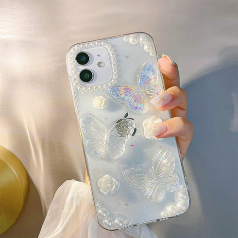for iPhone 12/12 Pro Case with Phone Charm Chain 3D Butterfly Flower Cute Phone Case,Crystal Clear Pearl Case for iPhone 12/12 Pro Women Girl...