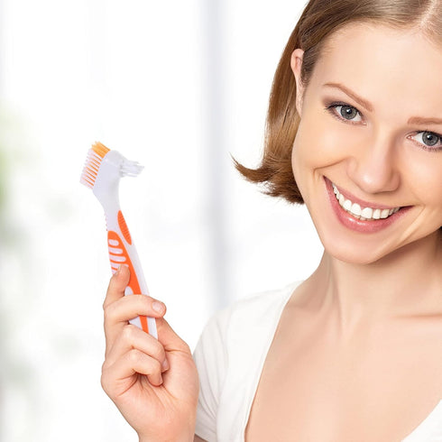 Healifty 4 Pcs Hard Denture Brush Double Sided Toothbrush Multi- Layered Bristles Fake Teeth Cleaning Brush Denture Care (Orange)...