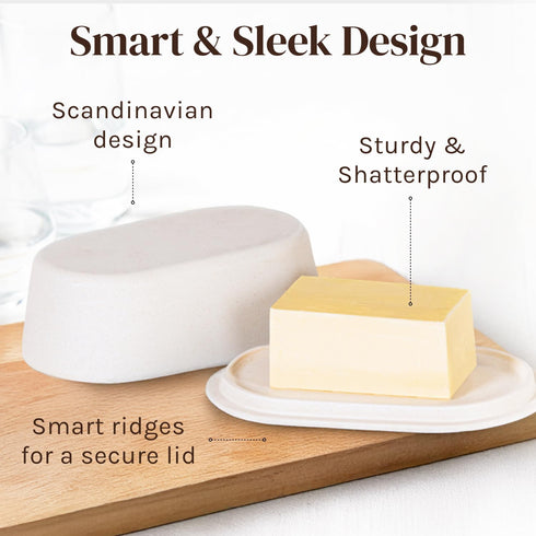 Eco Modern Bamboo Fiber Butter Dish with Lid For Countertop – White Butter Crock Holder – Small Tray Fits Kerrygold, European Style Sticks - Dishw...