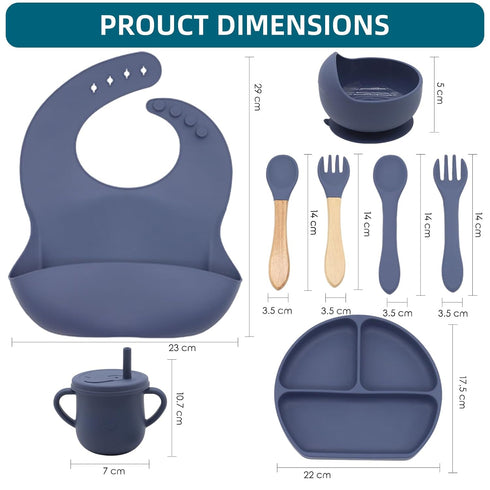 100% Silicone Baby Feeding Set,BPA Free Baby Dishes Set with Suction Bowl Divided Plate,Toddler Self Feeding Dish Set with Spoons Forks Sippy Cup ...