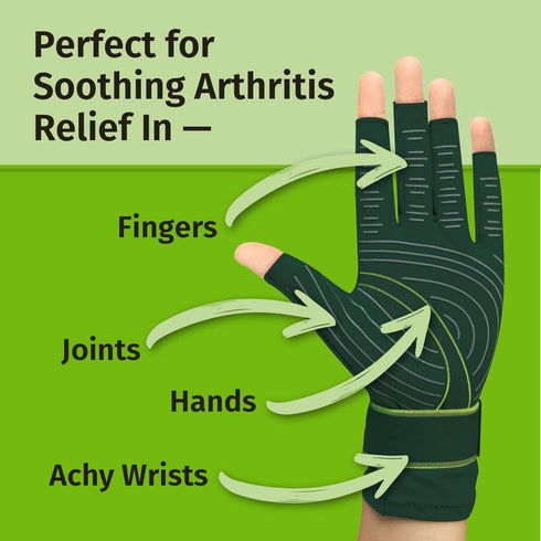 Hempvana Green Relief Arthritis Gloves Woven with Hemp Fibers, AS-SEEN-ON-TV, Advanced Compression to Help Relieve Pain & Swelling, Adjustable Wri...