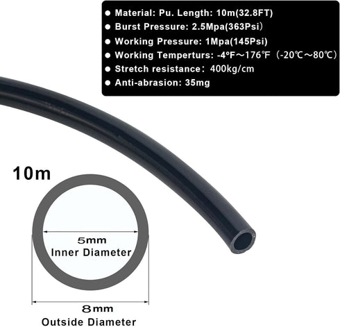8mm x 5mm Pneumatic Tubing Pipe PU Polyurethane Tube Air Compressor Hose Line Fitting or Fluid Transfer (Black 32.8ft/10Meters)...