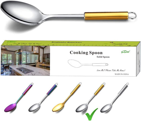 Berglander Solid Spoon, Stainless Steel Gold Handle Solid Cooking Spoon With Titanium Plating, Gold Handle Solid Serving Spoon, Kitchen Spoons, Sp...