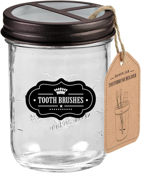 Mason Jar Toothbrush Holder -Bronze - with 16 Ounce Mason Jar,Premium Rustproof 304 Stainless Steel Lid and Chalkboard Labels - Rustic Farmhouse D...