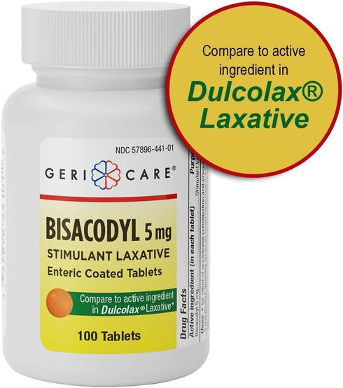 GeriCare Bisacodyl 5 mg Laxative Coated Tablet | Generic for Dulcolax | Stimulant Laxative | Gentle Overnight Constipation Relief 100 Count (Pack ...