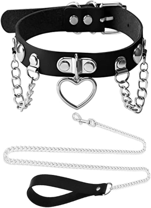 Soft Leather Choker Collar with Chain Leash Set Heart Pendant Necklace for Womens Pet Dogs Cats Unique Gifts...