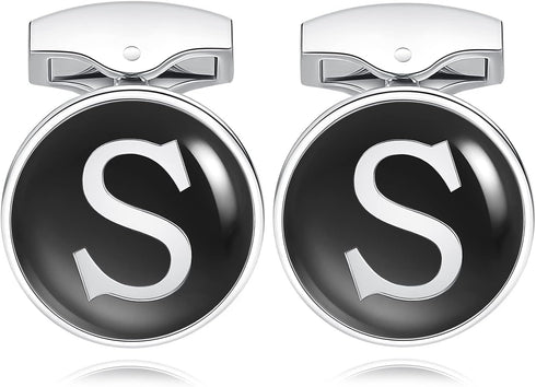 HONEY BEAR Initial Alphabet Letter Cufflinks Round for Mens Wedding Gift,Black A-Z...