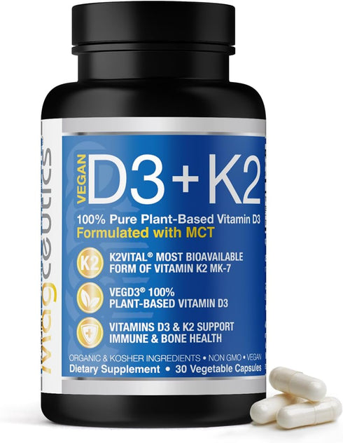 Vitamin D3 K2 with MCT, 5000 IU Vegan D3 & 100 mcg MK7 K2, Support Strong Bones and Immune Health - 30 Capsules (30 Days Supply)...
