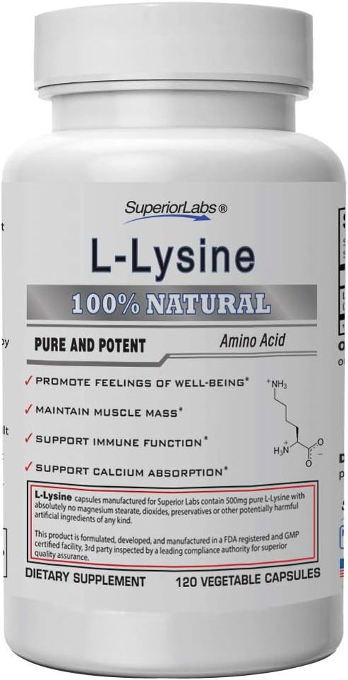 Superior Labs – Best L-Lysine NonGMO - Dietary Supplement –500 mg Pure Active L-Lysine – 120 Vegetable Capsules – Supports Calcium Absorption – Im...