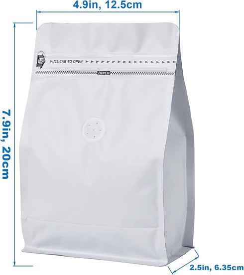 50 Count 8 Ounce Matt White Aluminum Foil Coffee Bags, Stand Up/Flat Bottom Side Gusset Coffee Pouches with Air Release Valve and Reusable Side Zi...