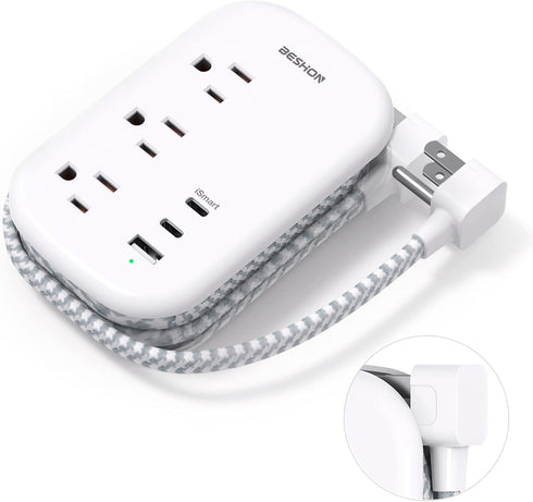 BESHON Flat Plug Power Strip, 3 Outlets with 3 USB Ports(2 USB C), Ultra Flat 3.2ft Wrapped Around Extension Cord for Cruise Ship, Travel, Dorm Ro...