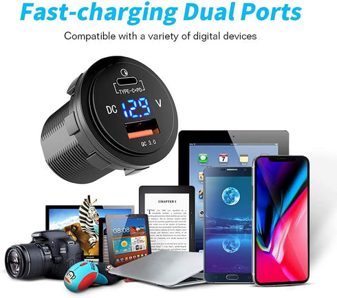 GemCoo 63W USB C Car Charger Socket, 45W PD Outlet 18W Quick Charge 3.0 USB Charger Socket, USB Cigarette Lighter Socket with LED Voltmeter Car US...