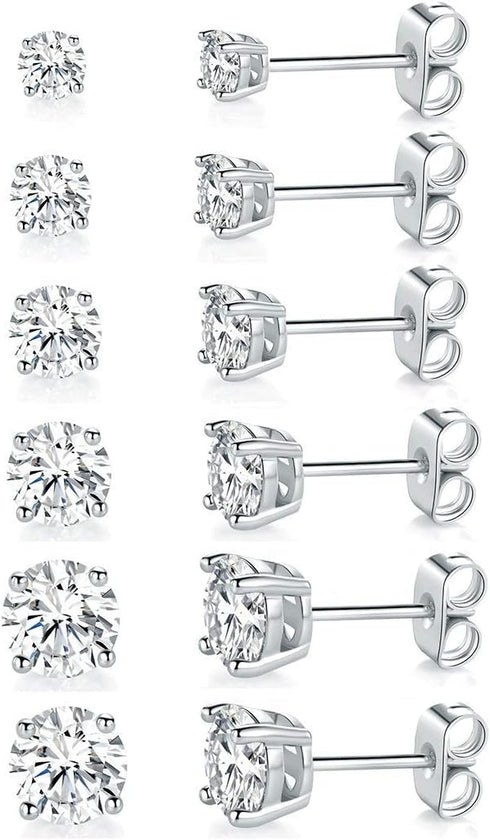 18K White Gold Plated 4 Pong Round Clear Cubic Zirconia Stud Earring Pack of 6 Pairs (6 Pairs)...