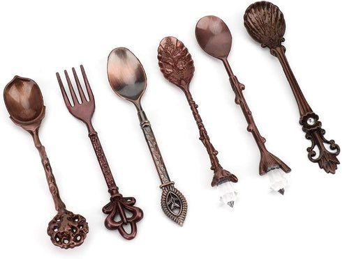 Fdit 6Pcs/Set Vintage Carved Coffee Spoon Teaspoon Retro Zinc Alloy Dessert Coffee Tableware Spoons Cutlery Kitchen(Red Bronze)...