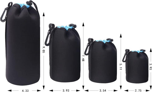 N-S 4 Pack Neoprene Pouch, Soft Plush Camera Lens Pouch, Compatible with Canon, Nikon, Sony, Olympus Pentax Lens Pouches (Black+Blue)...