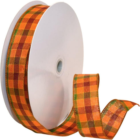 Morex Ribbon Autumn Hayride Plaid Wired Fabric Ribbon, Orange, 1-1/2 in x 50-Yd...