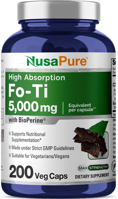 NusaPure Fo-Ti 5000mg per Veggie Caps, 200 Count, He-Shou-Wu Root, Traditional Herb, Non-GMO, Vegan, Bioperine...
