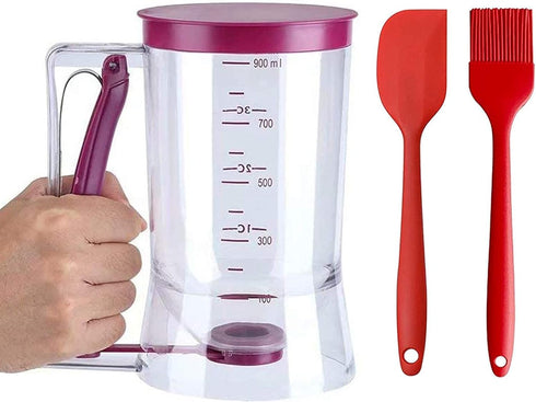 4 Cup Pancake Cupcake Batter Dispense, 900mL Pancake Dispenser For Batter With Measuring Label Squeeze Handle Bracket and Silicone food brush for ...