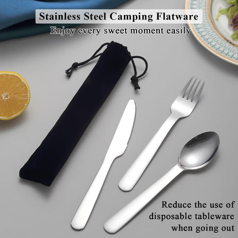 3 Piece Portable Silverware Set, Include Knife Fork Spoon, Camping Cutlery Set With Black Bag, For Home Kitchen Camping Travel, Dishwasher Safe...
