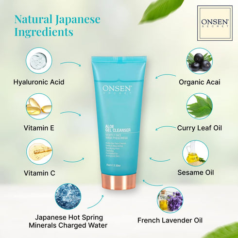 Onsen Japanese Natural Face Wash - Premium Hydrating Aloe Vera Face Wash - Daily Night Travel Facial Cleanser for Makeup Removal and Dry Skin with...