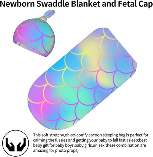 Mermaid Tail Colorful Newborn Swaddle Blankets Hat Sets Soft Stretchy Witchy Baby Stuff Receiving Blanket Gifts for Infant Baby Boy Girl...