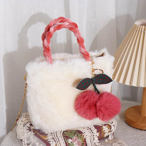 Cherry Fluffy Shoulder Bag Plush Handbag,Female Handbag Cute Coin Purse Square Bag Chains Bag Crossbody Bag Women Shoulder Bag Purse Large Capacit...