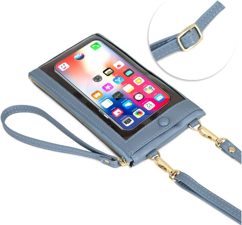 Women Faux Leather Long Wallet Wristlet Handbag with Touch Screen Clear Phone Window (Double Zipped Black)...