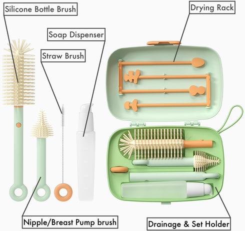 Travel Baby Bottle Cleaning Kit, 7in1 Extendable Silicone Travel Bottle Brush Set & Drying Rack, Nipple, Straw, & Breast Pump Portable cleaning, w...