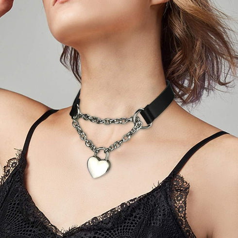 Goth Choker Necklaces for Women, Black Choker and Heart Padlock Day Collar with Key, Black PU Leather Choker Collar for Women...