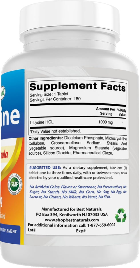 Best Naturals L-Lysine 1000mg 180 Tablets - Double Strength Lysine for stronger immune health & cold sores...