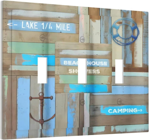 Beach Theme Rustic Sign Faux Wood 3 Gang Toggle Light Switch Cover Decorative Triple Wall Plate Electrical Switchplate Size 6.7 x 4.8 In Faceplate...