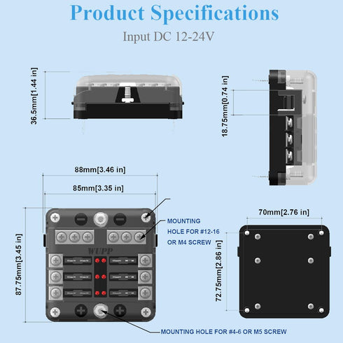 WUPP 12 Volt Fuse Block, Waterproof Boat Fuse Panel with LED Warning Indicator Damp-Proof Cover, 6 Circuits with Negative Bus Fuse Box for Car Mar...