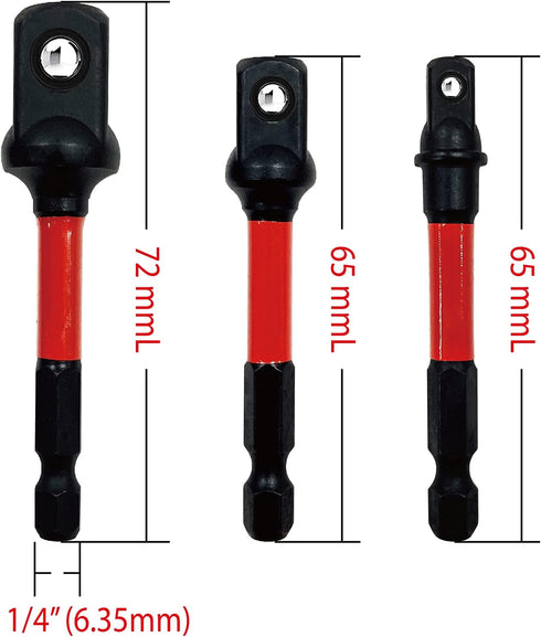 Big Red power drill socket adapter set,3pcs 1/4", 3/8", 1/2",hex shank drill bit extenxion from heat treated Chrome Vanadium steel with black phos...