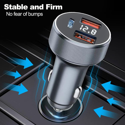 72W USB C Car Charger, 3 Ports 12V USB Charger Dual QC3.0 and 36W PD Metal Mini Fast Car Charger Adapter with LED Voltmeter for 12V~24V Vehicles (...