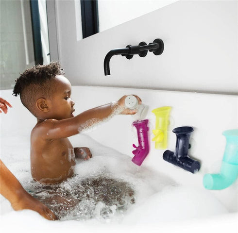 Boon Pipes Toddler Bath Toys - Bathtub Building Toys with Suction Cups - Toddler Sensory Toys and Bathtub Essentials - Multicolored - 5 Count - Ki...
