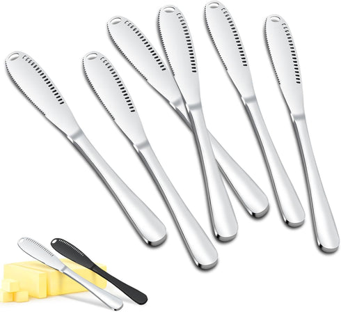 6PCS Silver Butter Knives Set, Highly Mirror-Polished Butter knife Spreader, Stainless Steel Spreader Knife, Butter Slicer, Serrated Butter Cutter...