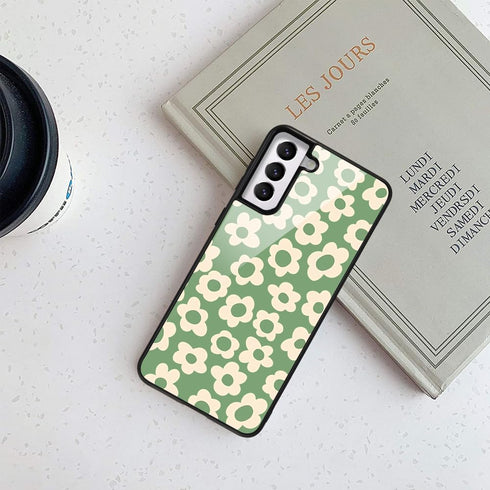 for Samsung Galaxy S22 Plus Green Daisy Flower Case for Women Girls, Cute Phone Cover Tempered Glass Back Cover Soft TPU Bumper Shockproof Case Tr...