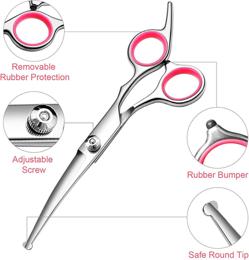 Dog Grooming Scissors with Safety Round Tips Stainless Steel Professional Dog Grooming Kit - Thinning, Curved Scissors and Comb for Dog Cat Pet...