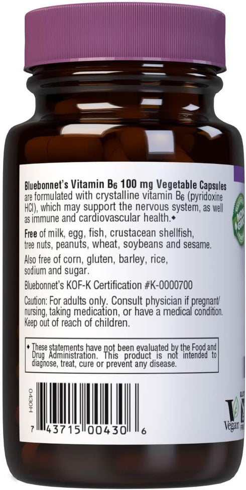 BlueBonnet Nutrition Vitamin B6 Vegetable Capsules, 100 mg, for Cardiovascular and Nervous System Health, 90 Count...