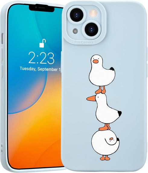 JOYLAND Cartoon Ducks Pattern Cell Phone Case for iPhone 14, Cute Animal Kawaii Blue Silicone Gel Case, Full Body Protection Shockproof Phone Case...