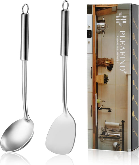 Pleafind 2-Pcs Ladle and Spatula, Soup Ladle and Spatulas, Stainless Steel Spatula and Spoon Sets, Cooking Utensils Set, Wok Spatula and Wok Ladle...