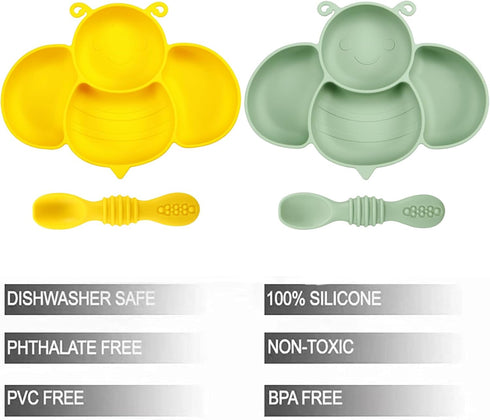 PandaEar 2 Pack Silicone Suction Plates for Baby, Divided Unbreakable Toddler Plate with 2 Pack Spoons for Self Feeding, Babies Utensils Feeding S...